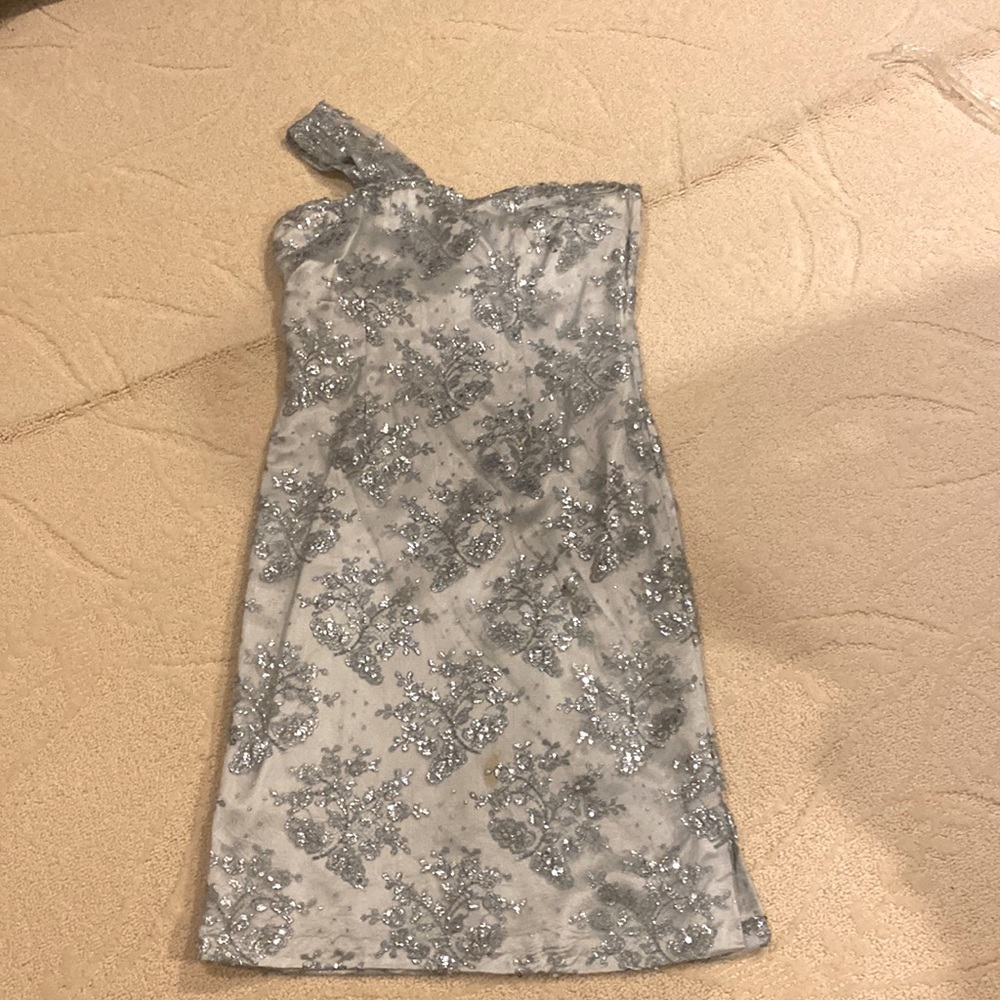 One shoulder silver grey sequins lace dress!!